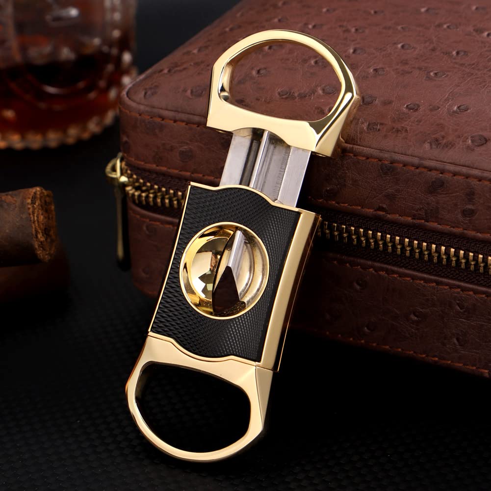 KEENSUN Zinc Alloy V-Cut Cigar Cutter (Gold and Black CNC Engraved Diamond Finish), 60 Ring Gauge, Stainless Steel Cut Blade with Leather Case, Cigar Holder and Gift Box
