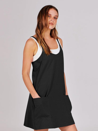 ANRABESS Women Athletic Dress Summer Tennis Workout Active Sports Mini Romper Dress Built in Shorts Travel Vacation Clothes Black X-Smal