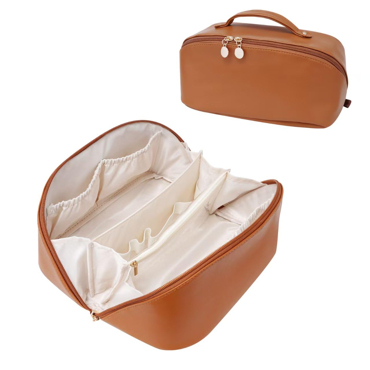 ETTP Large Capacity Cosmetic Bag for Women, Waterproof PU Leather Makeup Bag for Travel,Toiletry Bag Make up Organizer with Divider and Handle (Brown)