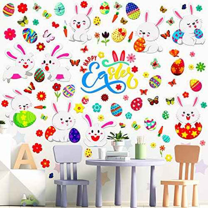 Capoda 103 Pieces 6 Sheets Easter Eggs Bunnies Wall Decal Easter Egg Hunt Games Decals Adorable Bunny Sticker Rabbit Egg Clings for Wall Living Room Bedroom Home Decorations