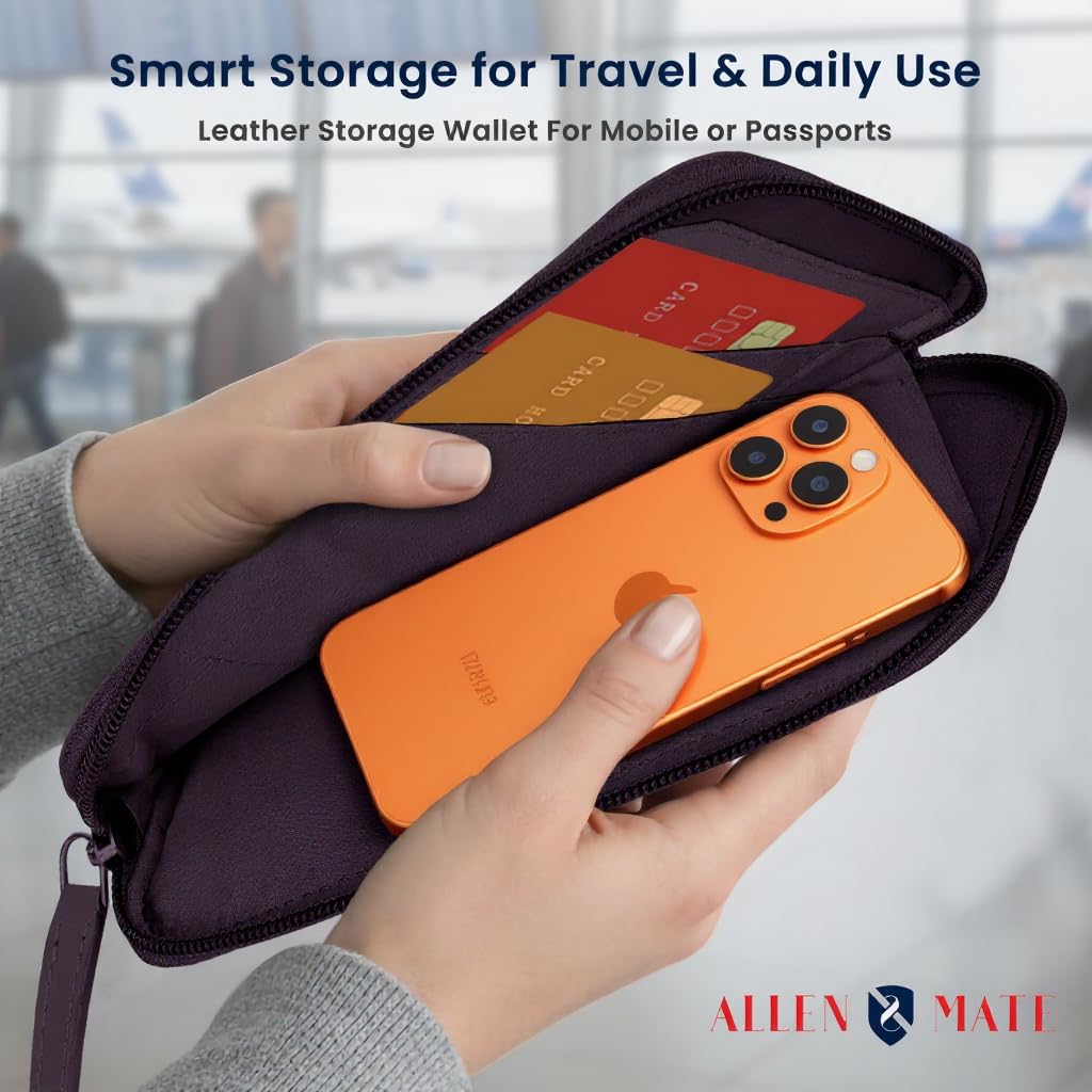 ALLEN & MATE Genuine Leather iPhone Pouch with Zip – Slim Mobile Phone Sleeve Cell Phone Pouch for iPhone 17 Pro Max, 16, 15, Google Pixel 10, Samsung Galaxy S25 & Android Smartphones Brown
