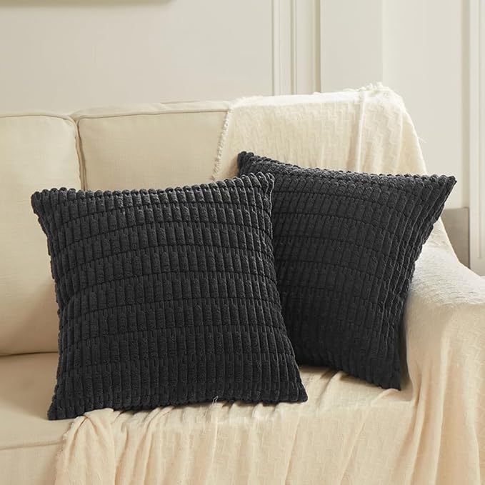 Fancy Homi Black Decorative Throw Pillow Covers 18x18 Inch for Living Room Couch Bed Sofa, Rustic Farmhouse Boho Home Decor, Soft Striped Corduroy Square Cushion Case 45x45 cm