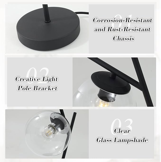 Mid Century Table Lamp Vintage Bedroom Desk Lamp Black Nightstand Lamp Contemporary Clear Glass Globe Bedside Lamp for Office Study Room