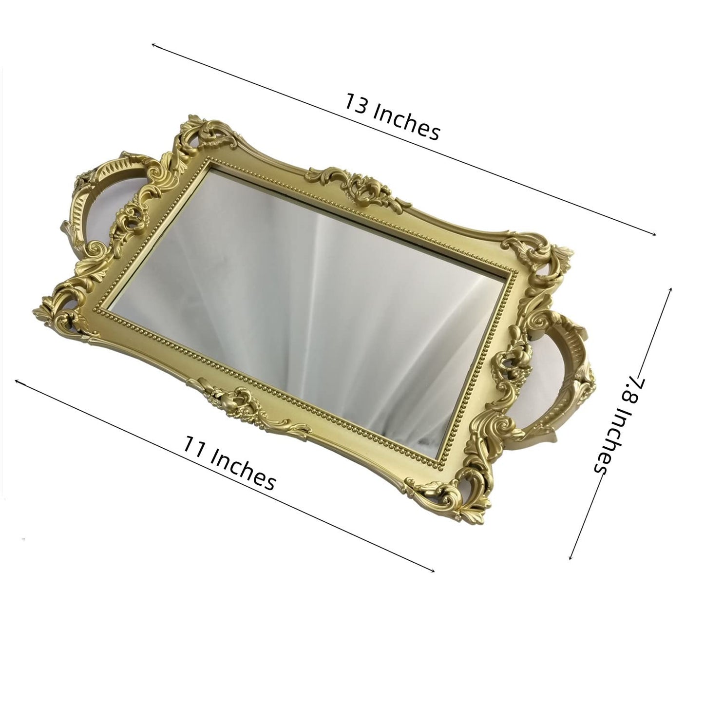 Yamfurga Small Rectangle Decorative Mirror Tray, French Style, Makeup Organizer, Jewelry Organizer, Serving Tray, 13"x 7.8", Gold