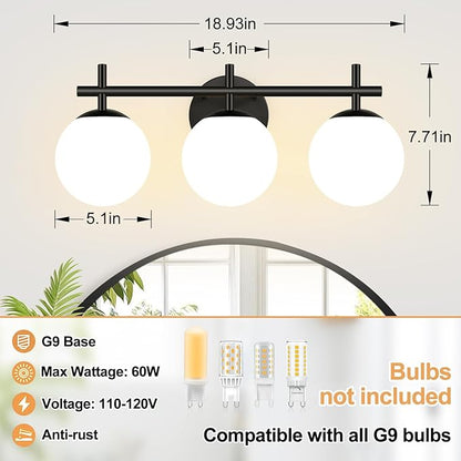 3-Light Bathroom Light Fixtures, Matte Black Vanity Lights for Bathroom with Milky White Glass Ball Shades, 18.9 inch Bathroom Lighting Fixtures Over Mirror, Wall Sconce for Bedroom (Exclude G9 Bulb)