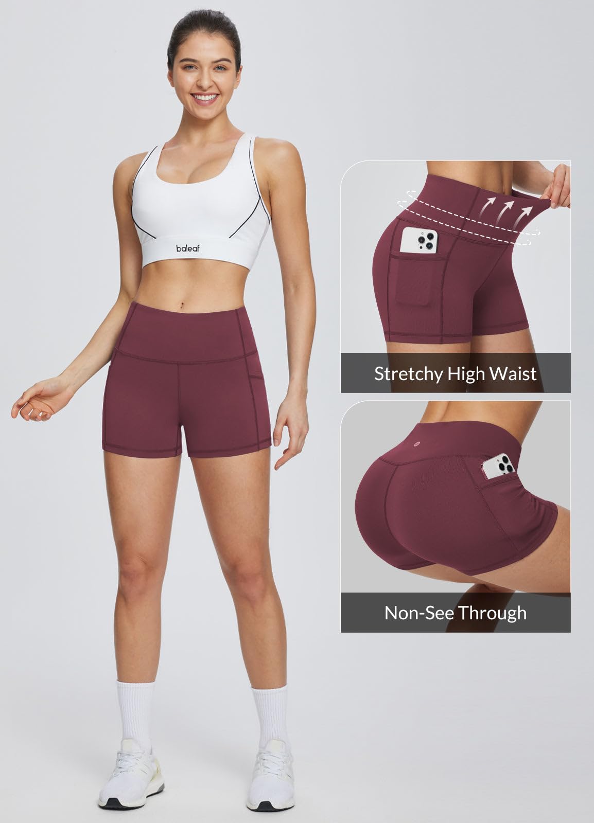 baleaf Gym Shorts Women 3" Biker Workout Yoga Spandex Running Volleyball Tummy Control Compression with Pockets Wine Red XS