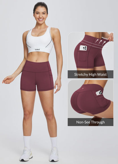 baleaf Gym Shorts Women 3" Biker Workout Yoga Spandex Running Volleyball Tummy Control Compression with Pockets Wine Red XS