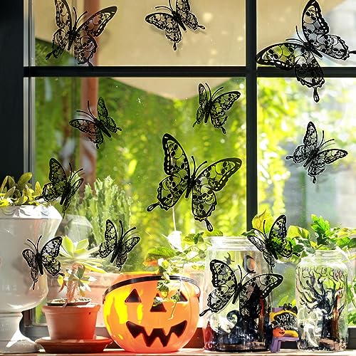 Halloween Wall Decor 3D Stereo Skull Butterfly Wall Decals Halloween Decorations Skeleton Butterflies Design Black Gothic Home Decor Halloween Wall Stickers for Door Wall Window Clings Decor 12Pcs