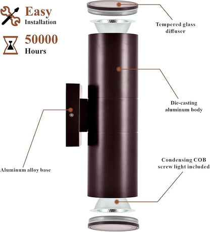 Outdoor Wall Lights 4Packs, Integrated LED Cylinder Up Down 12W 2700K Modern Aluminum Light(Brown)