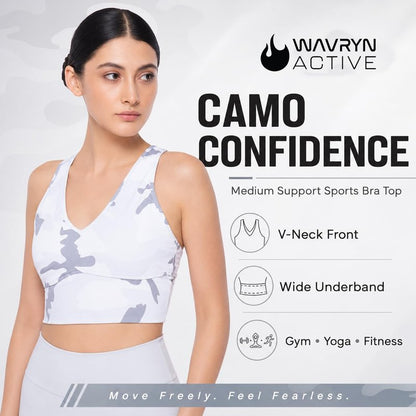 WAVRYN ACTIVE Women's Camo Sports Bra Top Medium Support Cross-Back Workout Bra for Gym, Yoga, Fitness - M, Grey-White