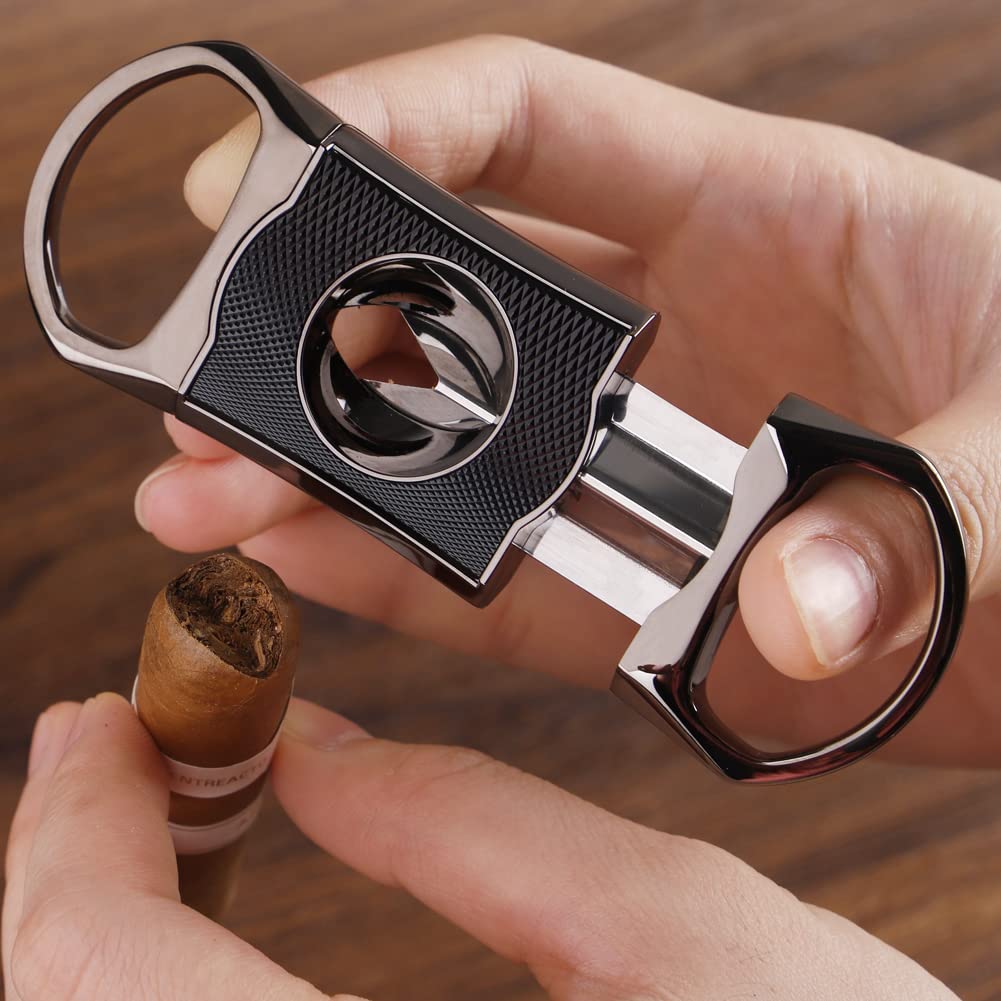 KEENSUN Zinc Alloy V-Cut Cigar Cutter (Gun Color and Black CNC Engraved Diamond Shell), 60 Ring Gauge, Stainless Steel Cut Blade with Leather Case and Gift Box