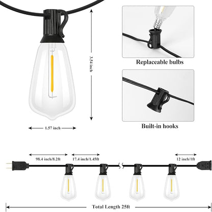 Brightever Outdoor String Lights, 25FT Patio Lights with 13 ST38 LED Edison Bulbs (1 Spare), Waterproof Connectable String Lights for Outside, Dimmable Hanging Light for Backyard Porch Decor, Black