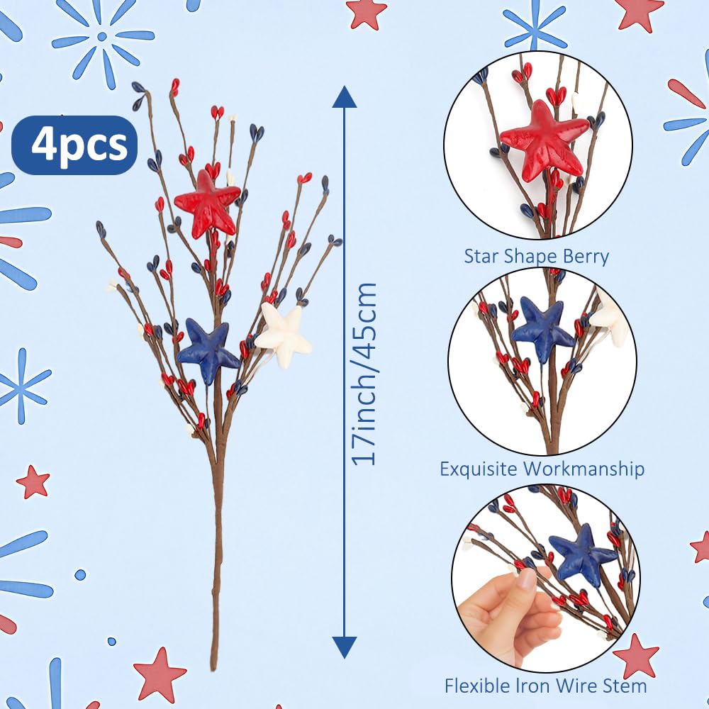 Independence Day Decorations, Artificial Patriotic Floral Picks with Blue Red White Berries 17 Inch Star Berry Stems for 4th of July Independence Day Patriotic Party Home Table Centerpiece Decor