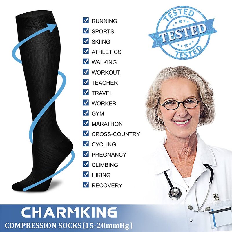 CHARMKING Compression Socks for Women & Men (8 Pairs) 15-20 mmHg Graduated Copper Support Calf Socks are Best for Pregnant, Nurses - Boost Performance, Circulation, Knee High Wide Calf(L/XL, Multi 05)
