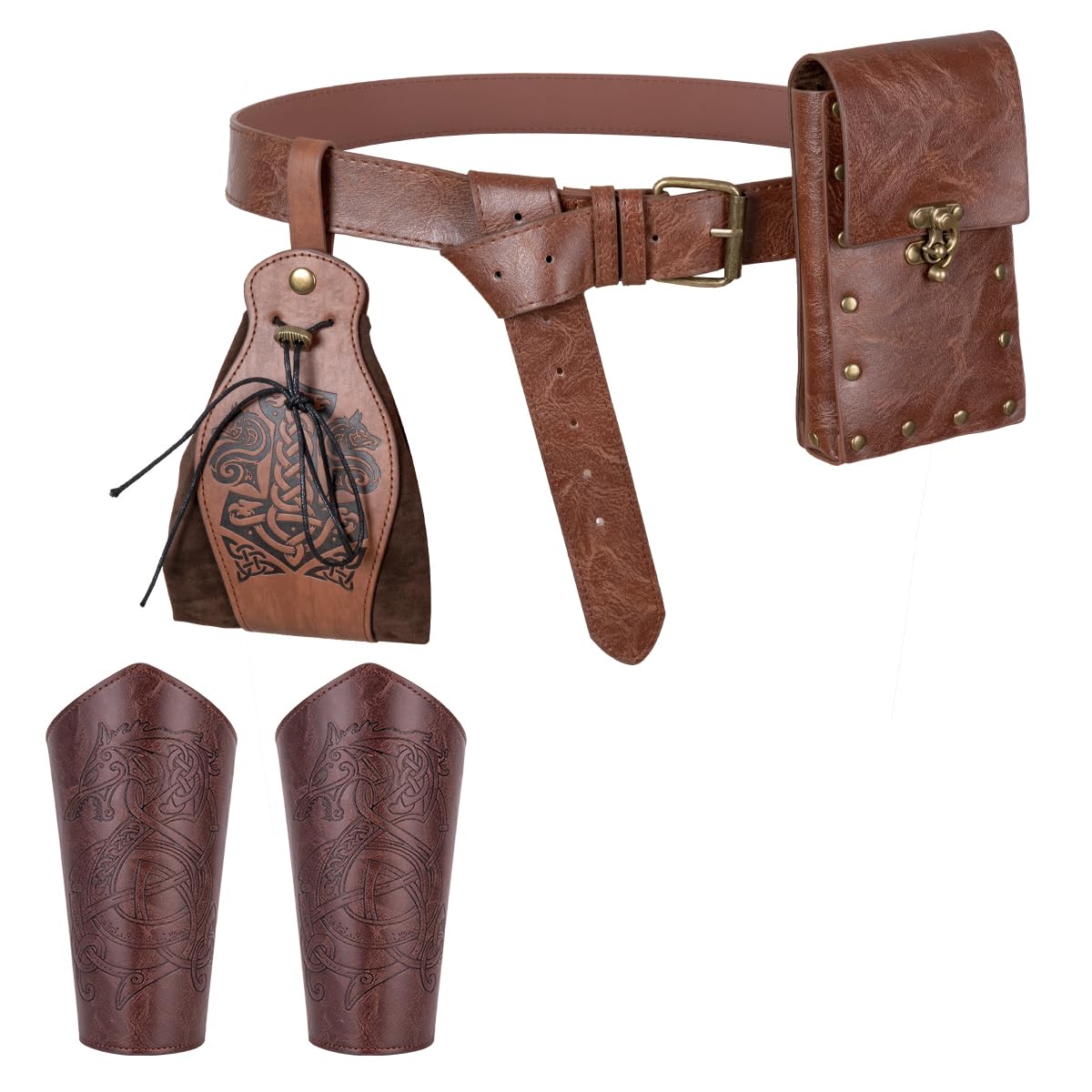 Medieval Steampunk Renaissance LARP Set - Steampunk Belt Leather Belt Bag Potion Bottle Holder & Adjustable Arm Guards for Cosplay Halloween & Festivals