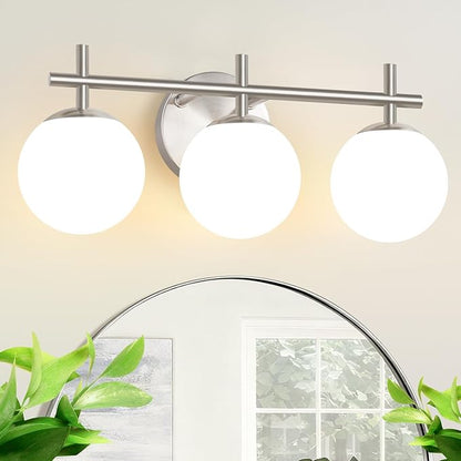 3-Light Bathroom Light Fixtures, Brushed Nickel Vanity Lights for Bathroom with Milky White Ball Shades, 18.9 inch Bathroom Lighting Fixtures Over Mirror, Wall Sconce for Bedroom (Exclude G9 Bulb)