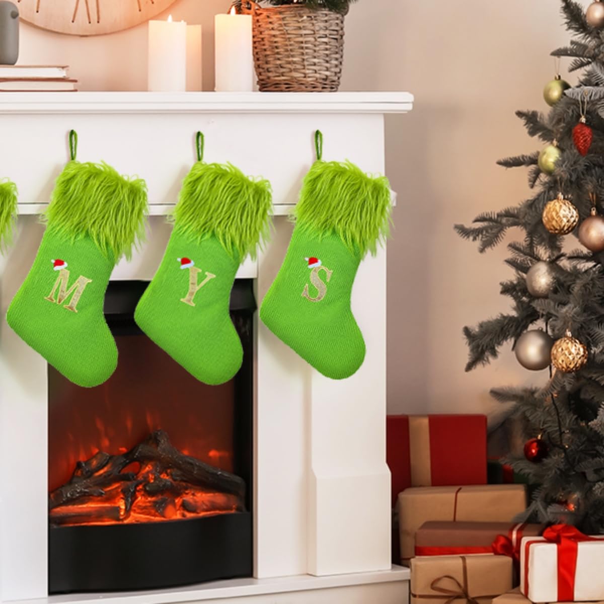 MOJDIOSM Green Christmas Stockings with Initials, 18” Knit Monogram Christmas Stockings with Golden Letter, Large Personalized Christmas Stocking for Christmas Tree Fireplace Home Decor
