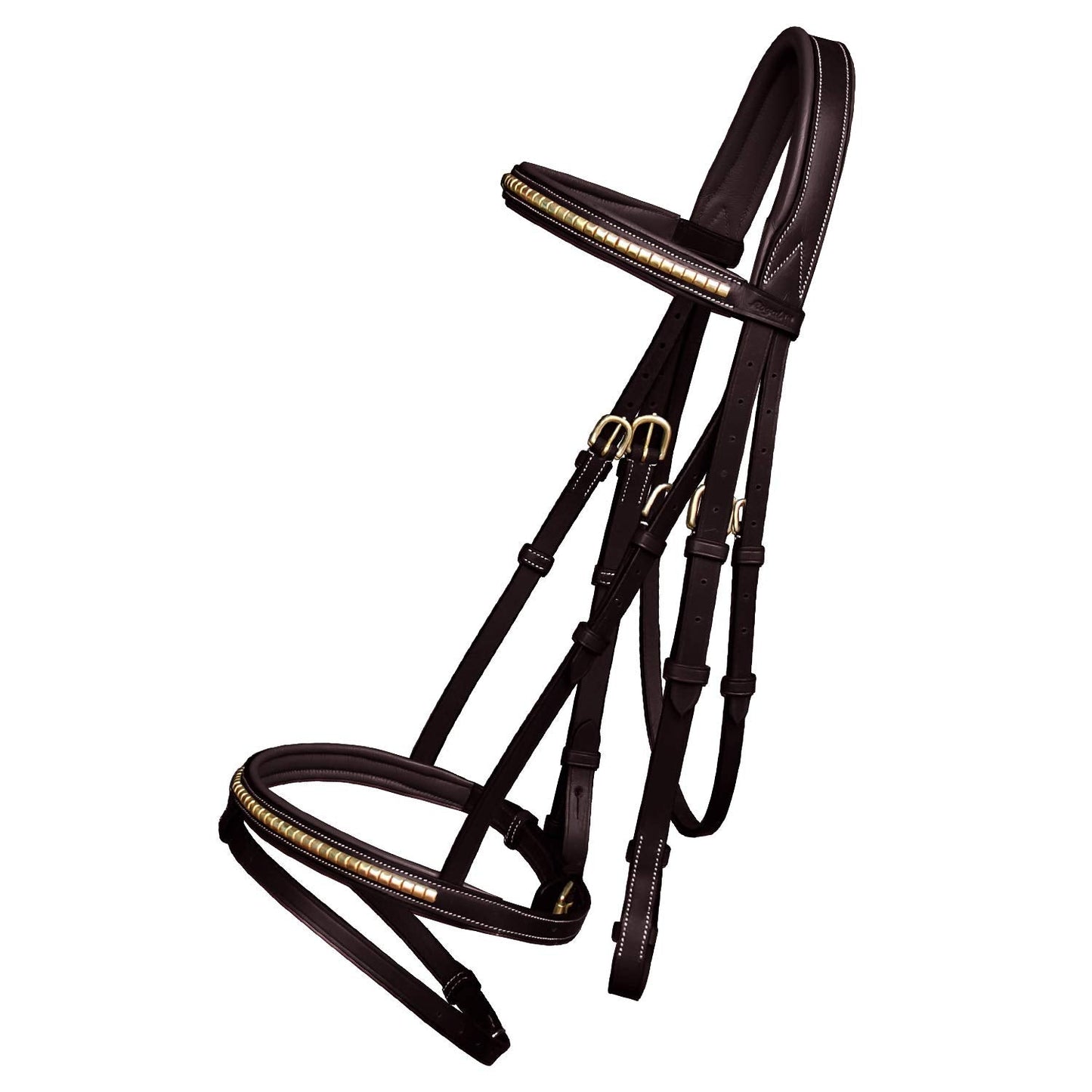 ExionPro English Jumping Bridle with Flash – Soft Lined Crownpiece, Brass Clincher Studded Browband, Flash Noseband, Rubber Reins – Black & Brown – Premium Vegetable-Tanned Leather