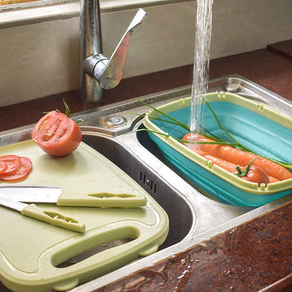 Gintan Camping Cutting Board, 9-in-1 Collapsible Chopping Board with Colander, Kitchen Vegetable Washing Basket for Camping, Camping Gifts Camping Accessories for RV Campers (Blue+Grey)