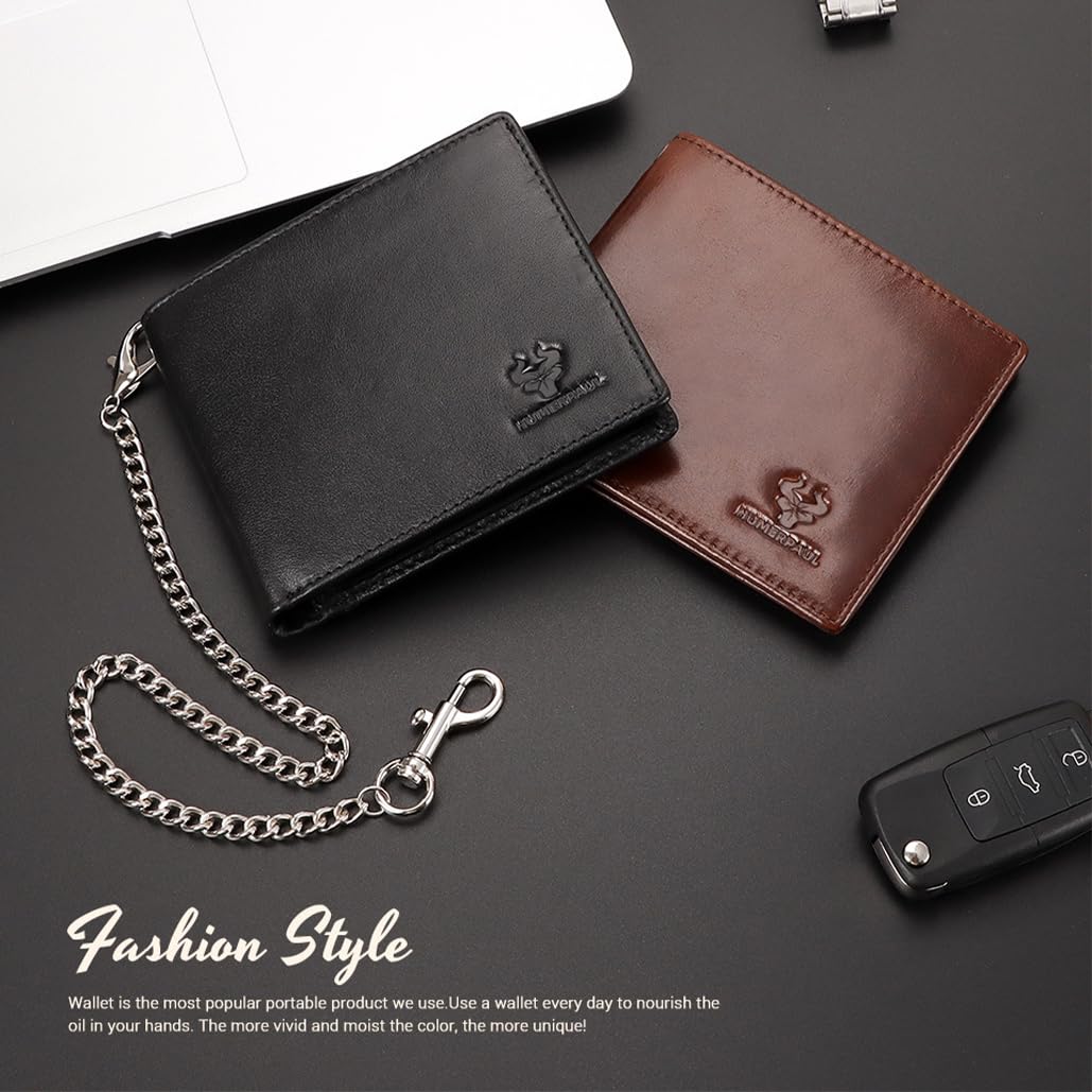 Genuine Leather Card Holder Wallet with Chain Accessory for Men, Women RFID Blocking 13 Card Slots 2 ID Windows 2 Bill Compartments Short Bi-Fold Wallet Gift (Black)