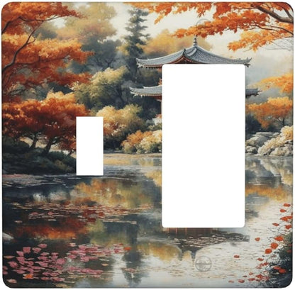 Decorative Art Light Switch Covers Lake & Pagoda in Fall 2 Gang Single Toggle Rocker Combination Electrical Faceplate Switchplate Wall Plate for Home Decor