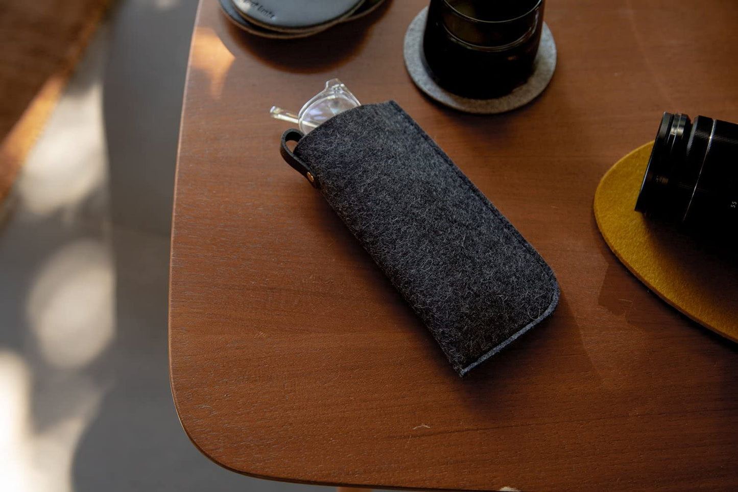 Graf Lantz Eyeglass Sleeve - 100% Merino Wool and Leather - Protective, Scratch Free Material (Charcoal)