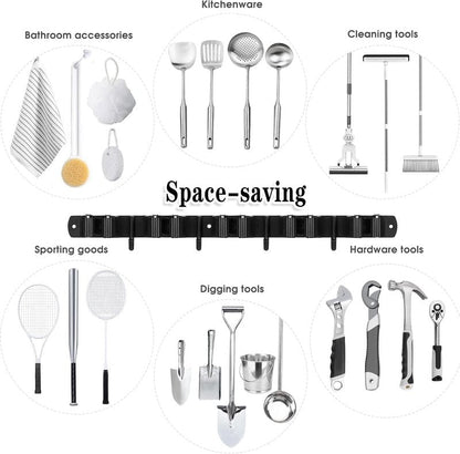 Black 5 Racks and 4 Hooks Mop and Broom Holder Wall Mount, Broom Organizer Storage Tool Racks Stainless Steel Heavy Duty Hooks Self Adhesive Solid Non-slip for Home Kitchen Garden Laundry Garage