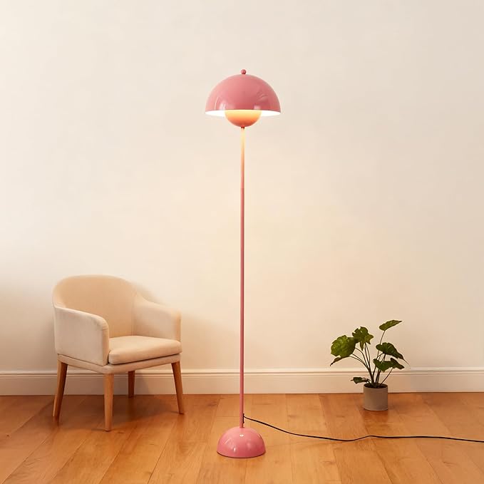 Modern Flowerpot LED Floor Lamp for Living Room, Vintage Metal Lampshade Spotlight Standing Lamp with Foot Switch, Retro E26 Base Round Floor Light Fixture for Bedroom, Office (Pink)