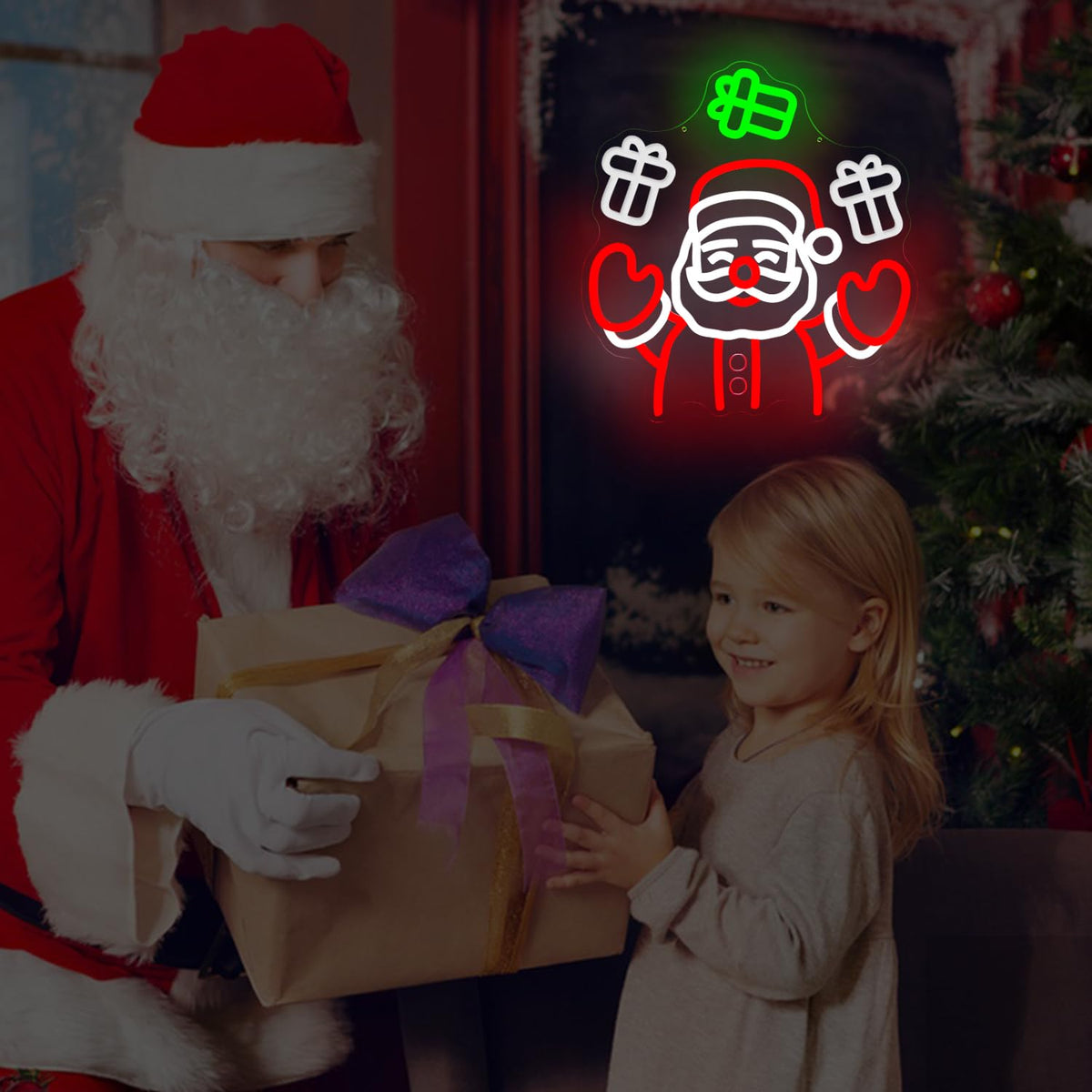 Santa Claus Neon Sign Waving Santa Window Neon Light for Wall Decor Dimmable Christmas Light Up Sign Led Santa Throwing Gift Box Decoration for Party
