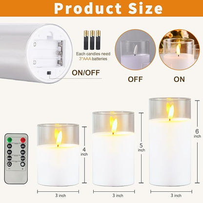 Glass Battery Operated LED Flameless Candles with Remote and Timer, Real Wax Candles Warm Color Flickering Light for Festival Wedding Home Party Decor(Pack of 3)-White