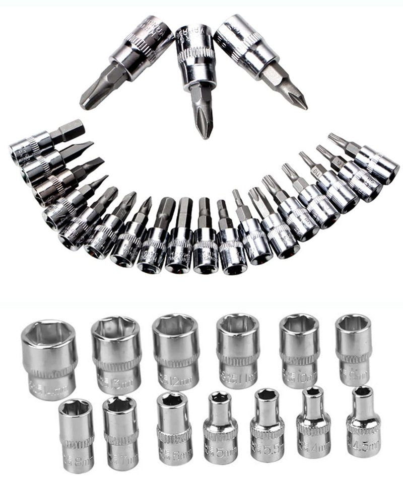 YWHWLX 46 Pieces 1/4 in. Drive Ratchet Socket Wrench Set with Quick-Release Ratchet,Includes Metric Bit Sockets and Extension Bar for Car Repair and Home Maintenance