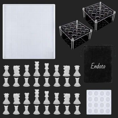 Resin Chess Set with Checkers Board Silicone Mold Set with 2 Pack Chess Piece Holder, 32 Pieces Full Size 3D Silicone Chess Molds Kit for Epoxy Resin Casting, Party Board Games and Home Decoration