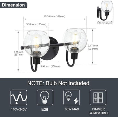 Black 2-Lights Wall Sconce Lighting with Seeded Glass Lampshades Industrial Bathroom Vanity Light Fixtures for Hallway Kitchen Bedroom
