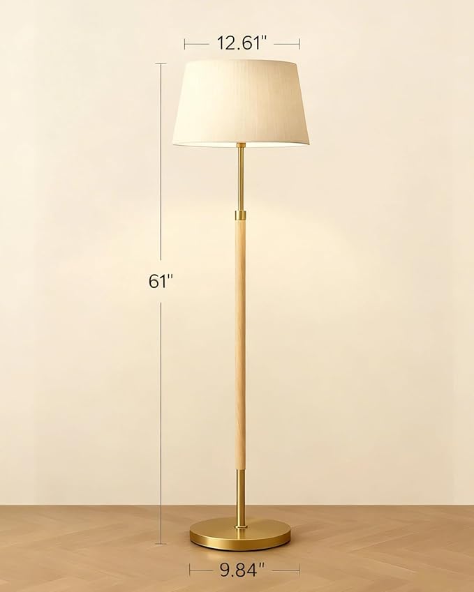 JOOFO Mid-Century Modern Wood Floor Lamp with Dual Fabric Shade, Remote Control, Dimmable & Adjustable Color Temperature, Reading & Living Room Lamp, Easy Clean Cover, Foot Switch