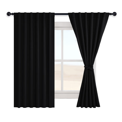 Hiasan Black Blackout Curtains Rod Pocket & Back Tab Halloween Curtains with Tiebacks Thermal Insulated Drapes for Living Room Bedroom Noise Reducing,52 inch Wide, Set of 2,Black