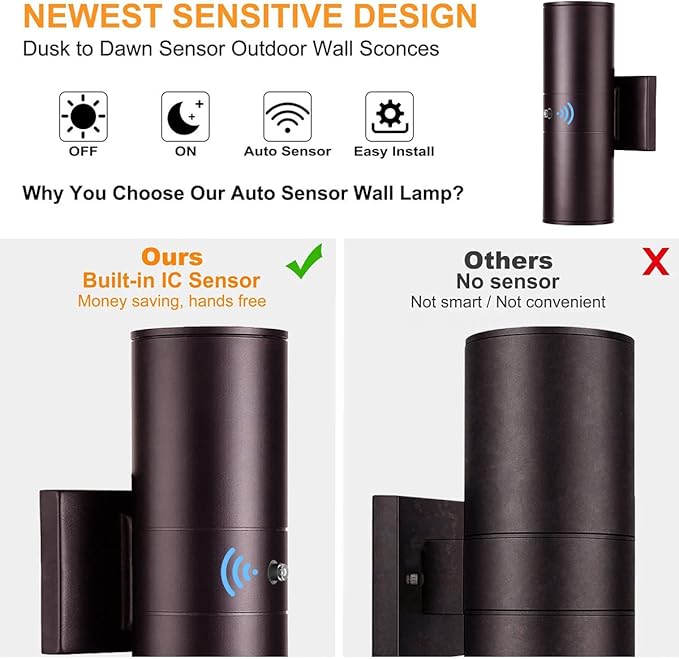 Tipace Oil Rubbed Bronze Sensor Modern Outdoor Porch Lights 2 Pack Brown Dusk to Dawn Outdoor Wall Sconce, Exterior Wall Light Fixtures for Courtyard,entryway,Garage (Bulbs Not Included)