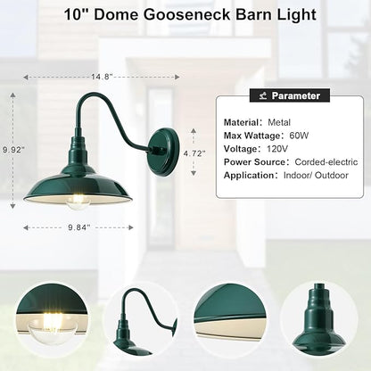 10in Outdoor Gooseneck Barn Light Wall Mount, Green Exterior Farmhouse Porch Lights with White Interior Small Dome Outdoor Patio Gooseneck Wall Sconce Garage Lighting for House, Cabin