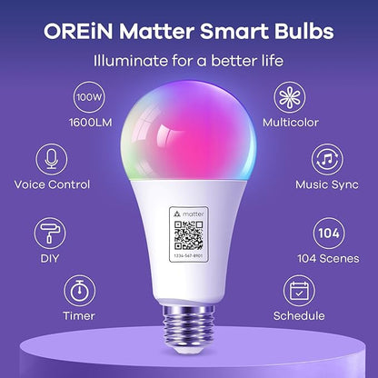 OREiN Matter Smart Light Bulb, 1600 Lumens 100W Equivalent Smart Light Bulbs, Color Changing Light Bulbs Work with Apple Home, Alexa, Google Home, SmartThings, A21 Smart Bulbs 2.4Ghz WiFi, 2Pack