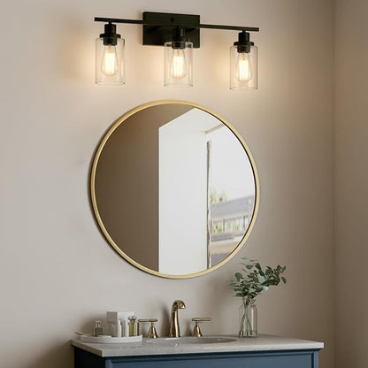 MELUCEE Bathroom Vanity Light Fixtures 24 Inches Length 3 Lights Wall Sconce Black with Clear Glass Shade for Bedroom Living Room Hallway Kitchen (Patent No.: US D963914 S)