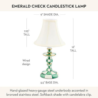 MACKENZIE-CHILDS Candlestick Lamp, Decorative Living Room and Bedroom Lamp, Green-and-White Emerald Check