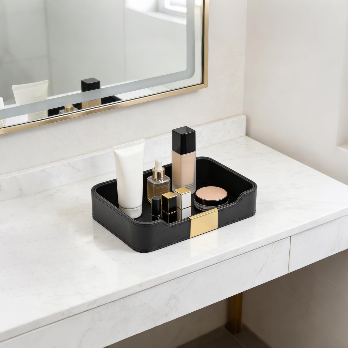 RHCSZ Luxury Leather Valet Tray Desktop Storage Organizer,Bedside Vanity Catchall Tray Nightstand Caddy Holder for Cosmetic,Jewelry,Watch,Keys,Phone,Wallet,Remote Controller,Pen,Black