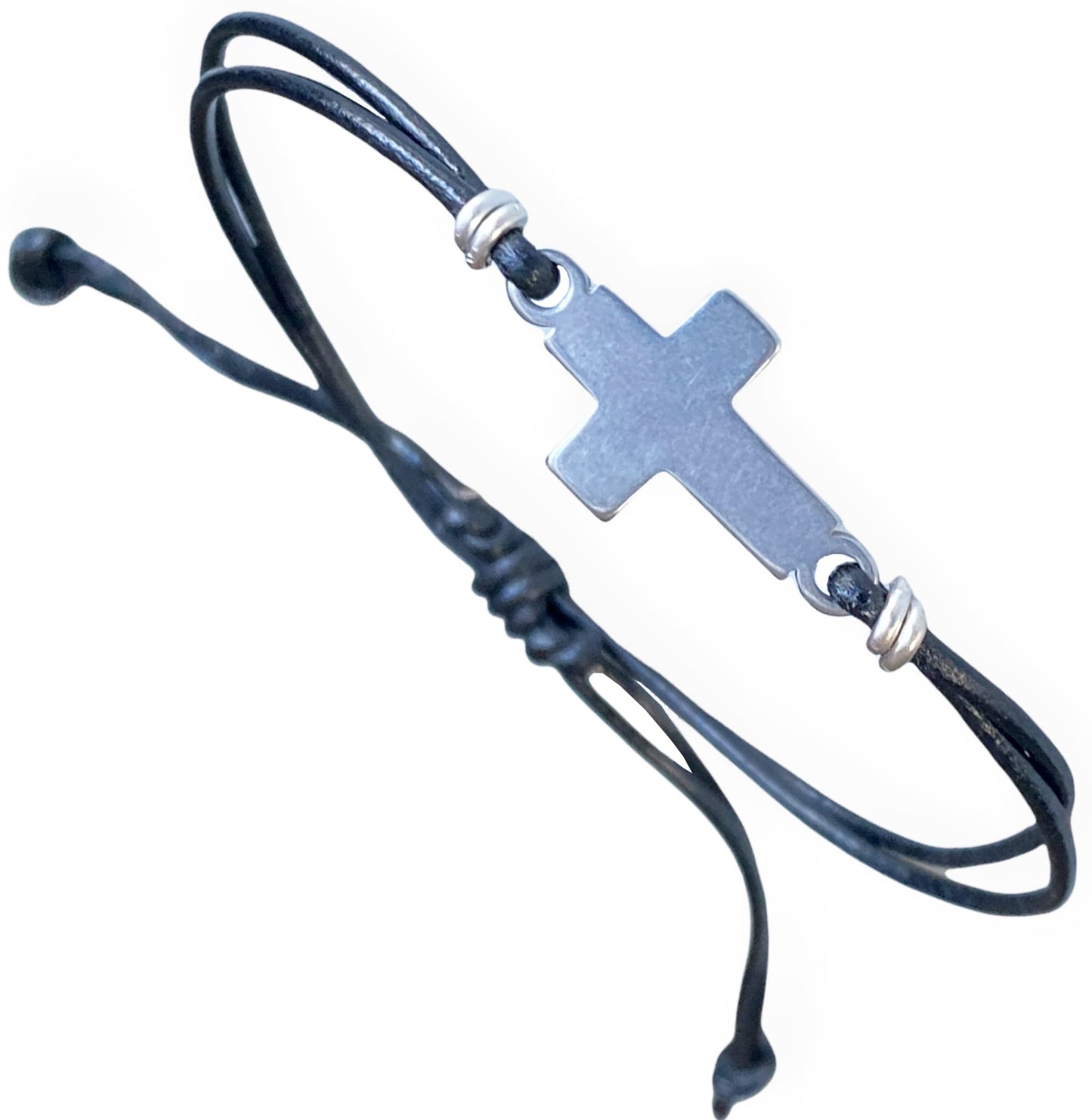 BeGenuine Store Mens Cross Bracelet Genuine Leather and Stainless Steel Sideways Cross Charm Adjustable Unisex Model