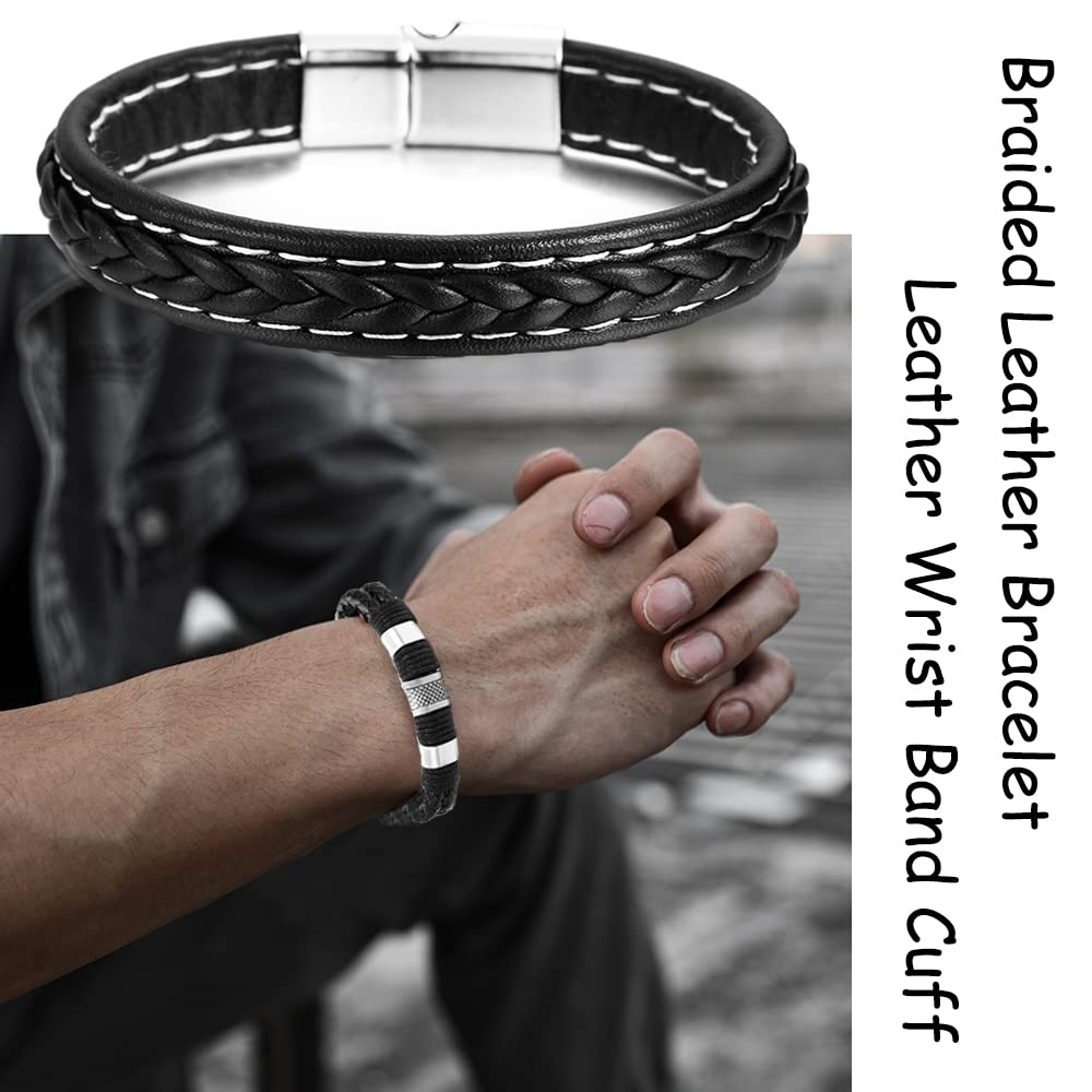 BOMAIL 10Pcs Black Leather Bracelets for Men Women Braided Leather Wristband Cuff Bracelets Punk Leather Bracelets Set