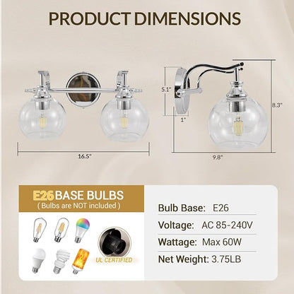 ANDY STAR Chrome Bathroom Light Fixture, 2-Light Modern Vanity Lights, Modern Wall Sconce with Clear Globe Glass Shades, Industrial Wall Lamp with Curved Arm for Bathroom, Powder Room, Over a Mirror