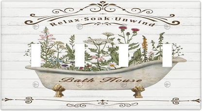 Rustic Farmhouse Wooden Board Botanical Flower Quad Gang Toggle Light Switch Cover 4-Gang Wall Plates Decorative Electrical Switchplate for Home Bedroom Art Decorate