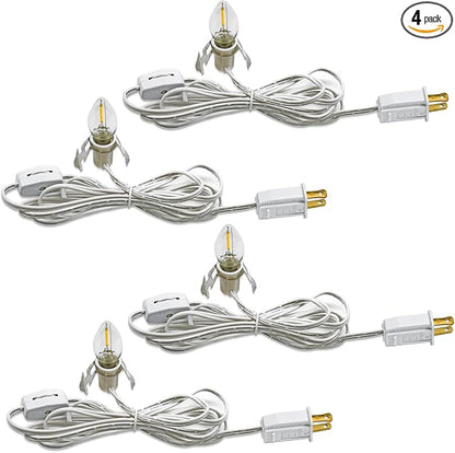 4 Pack Accessory Cord with LED Night Light Bulbs - White Cord with On/Off Switch Plugs - C7 led Bulb Warm White with Spare Fuse, for Holiday Decoration and Craft Village House Decoration