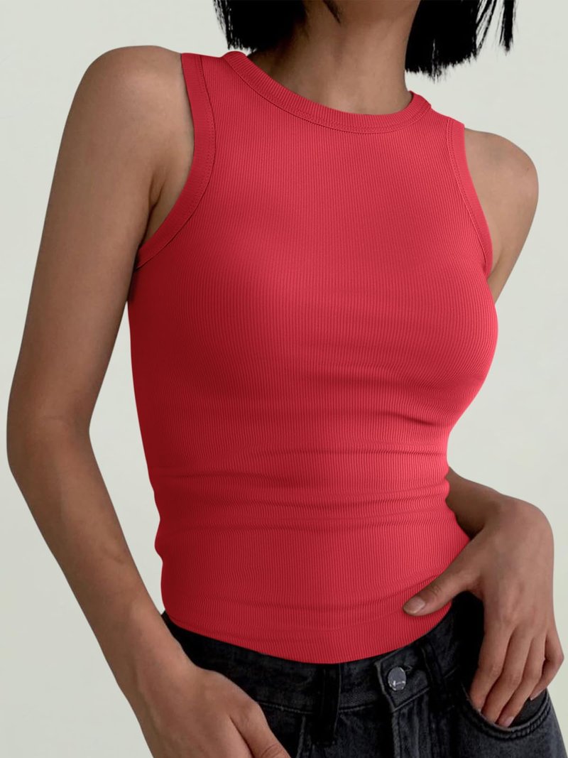 ANRABESS Womens Sleeveless High Neck Tank Tops Fashion Summer Casual Basic Slim Fit Ribbed Racerback Top Shirt Clothes Red-L