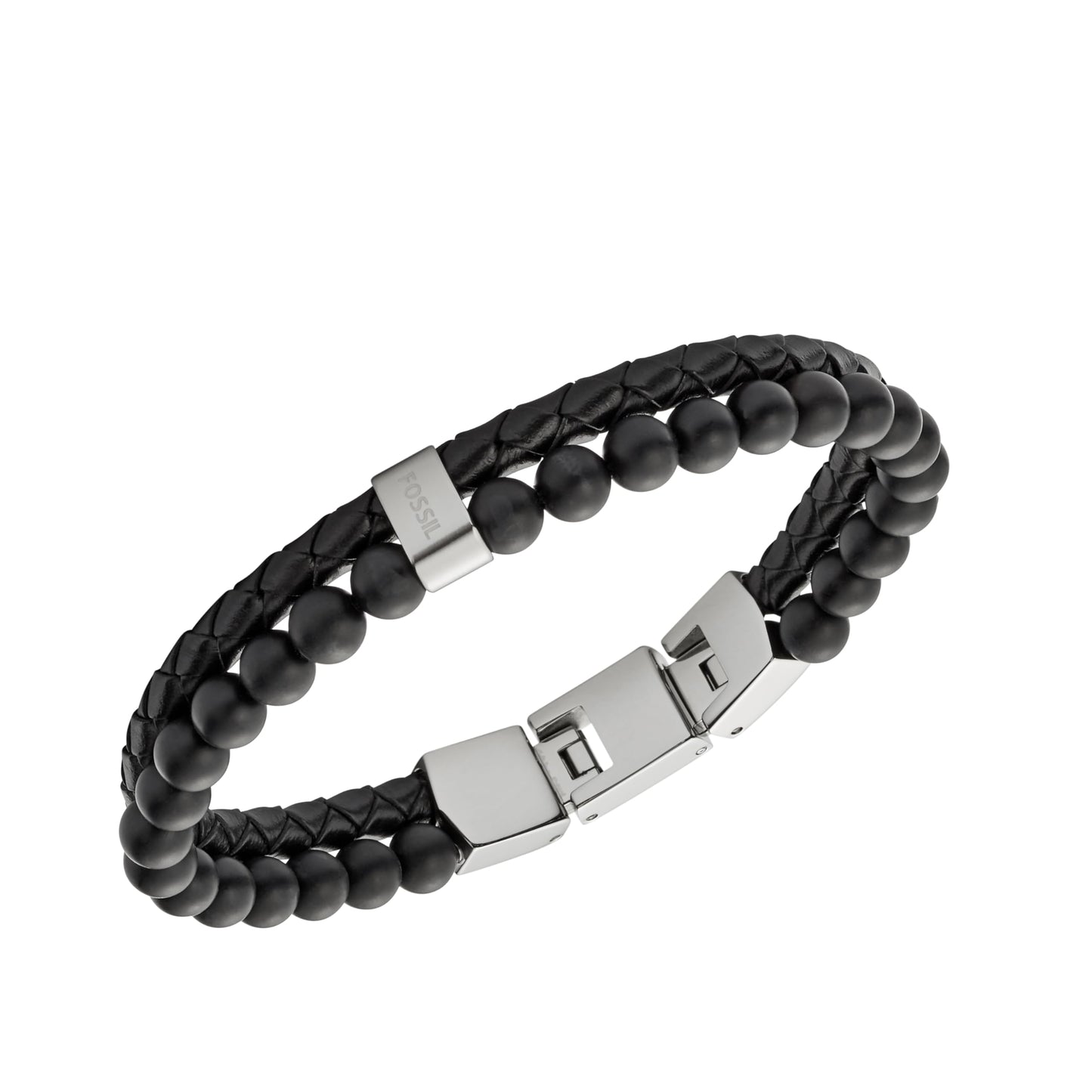 Fossil Men's Leather and Beaded Bracelet, Color: Black (Model: JF02763040)