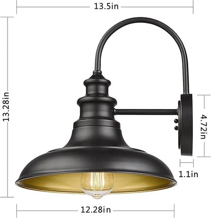 Dusk to Dawn Sensor Outdoor Barn Light Fixture, 12.3 Inch Dome Outdoor Wall Sconce Farmhouse Wall Mount Lights Exterior Gooseneck Light Fixture Black Finish Industrial Wall Lantern for Porch, 1Pack