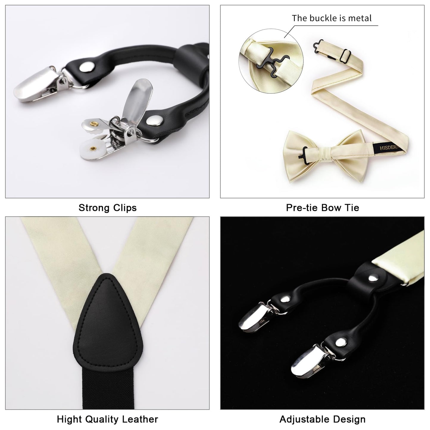 HISDERN Champagne Bow Tie & Suspenders for Men Light Gold Suspender Bowties Pocket Square Set Adjustable Y Shape 6 Strong Clips Braces Formal Wedding